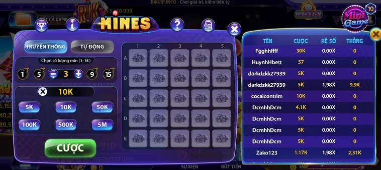 Minigame Mines Tại RikVip Trải Nghiệm Đỉnh Cao Vượt Mìn Nhận Thưởng Siêu Lớn