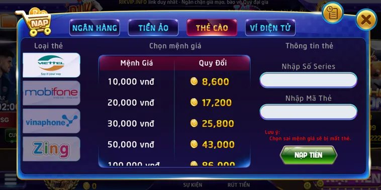 Hướng dẫn quy trình nạp tiền bằng thẻ cào tại Rikvip.